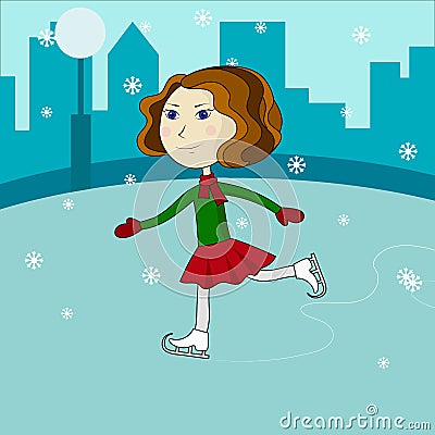 Happy cute girl riding on ice skates Vector Illustration