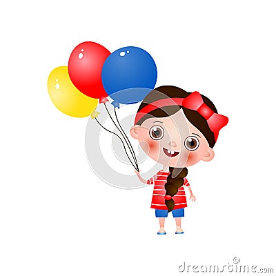 Happy cute girl walking with three balloons isolated on white background Vector Illustration