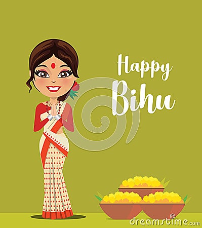 A happy and cute Indian woman wearing a traditional saree from the state of Assam in North East India celebrating festival- Vector Vector Illustration