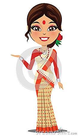 A happy and cute Indian woman wearing a traditional saree from the state of Assam in North East India - Vector Stock Photo