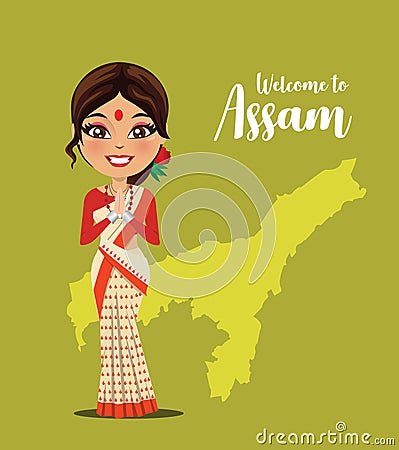 A happy and cute Indian woman wearing a traditional saree from the state of Assam in North East India - Vector Stock Photo