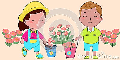 happy cute kid boy and girl pull wagon with rose flower Vector Illustration