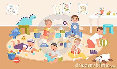 Happy cute kid playing with different toys and cubes at kindergarten interior vector flat illustration. Smiling boys and Vector Illustration