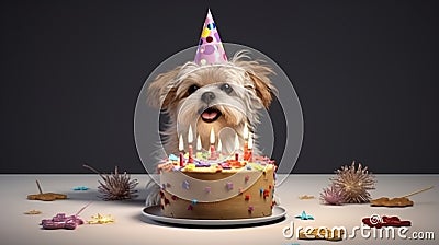 Happy cute labradoodle dog wearing a party hat celebrating at a birthday party. Generative AI Stock Photo