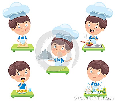Happy Cute Little Chef Cooking Vector Illustration