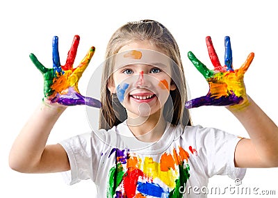 Happy cute little girl with colorful painted hands Stock Photo