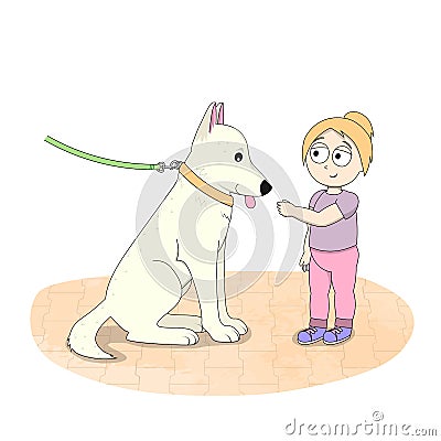 happy cute little girl want to pet the dog, nice cartoon illustration for children isolated on white background, flat Vector Illustration