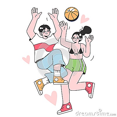 Happy cute lovers, young couple playing volleyball on the beach. Active Vector Illustration