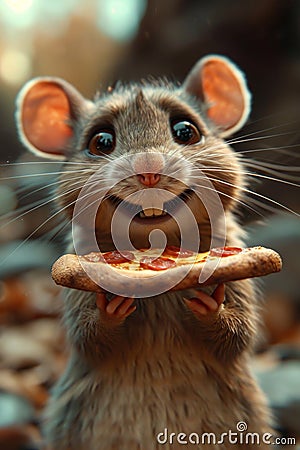 A happy Cute mouse with a pizza in her hands. 3d illustration Cartoon Illustration