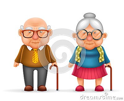 Happy Cute Old Man Lady Grandfather Granny 3d Realistic Cartoon Family Character Design Isolated Vector Illustration Vector Illustration