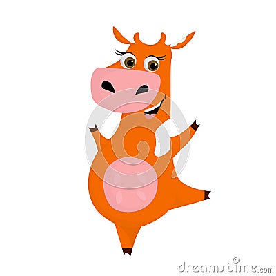 Happy, cute red cow with white spots. Funny smiling cheerful toy cow with big eyes. Cartoon vector character illustration on white Vector Illustration