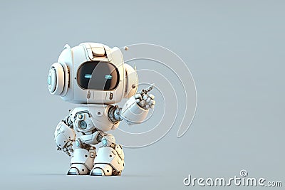 Happy cute robot pointing at a space, a friendly and cheerful robot shows the direction. 3D rendering illustration. Copy space Stock Photo