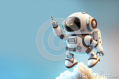 Happy cute robot pointing at a space, a friendly and cheerful robot shows the direction. 3D rendering illustration. Copy space Stock Photo