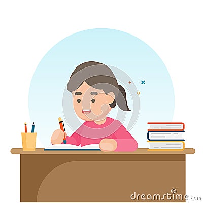 Happy cute school girl writing for homework, Study concept, Vector illustration. Vector Illustration