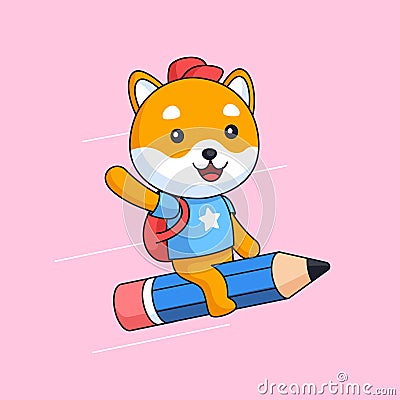 Happy cute shiba inu dog go to school ride flying pencil animal mascot cartoon vector illustration Cartoon Illustration