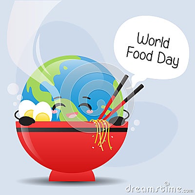 Happy cute world in noodle bowl in world food day illustration vector Vector Illustration