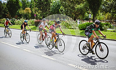 Happy cyclists competing Editorial Stock Photo