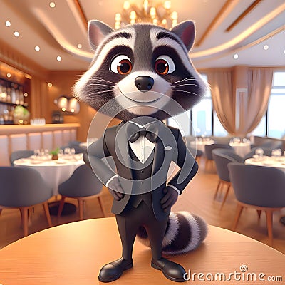 Happy 3D animated anthropomorphic raccoon standing up dressed smart and wearing a bowtie a true gentleman at a luxurious Stock Photo