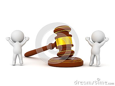 Happy 3D Characters with Wood and Gold Gavel Set Stock Photo