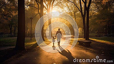 Happy dad with baby walking in the park during golden hour. dads love, relationships between father and child Stock Photo