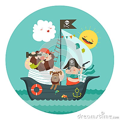 Happy dad and son sailing at their pirate ship Vector Illustration