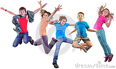 Happy dancing jumping children isolated over white background Stock Photo