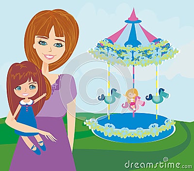 Happy daughter on carousel Vector Illustration