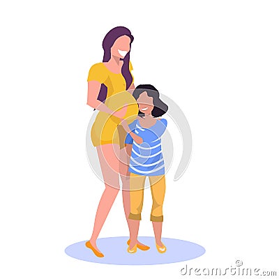 Happy daughter listening mothers belly cheerful girl child embracing her mom pregnancy and motherhood concept flat full Vector Illustration