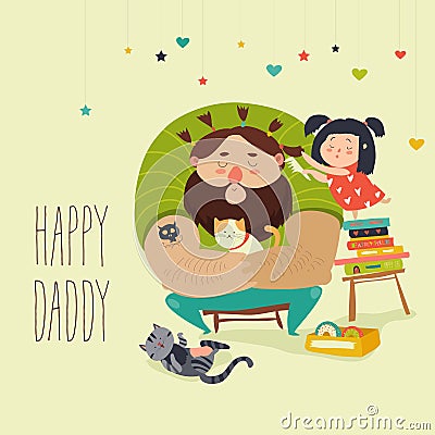 Happy daughter makes a hairdo for dad Vector Illustration