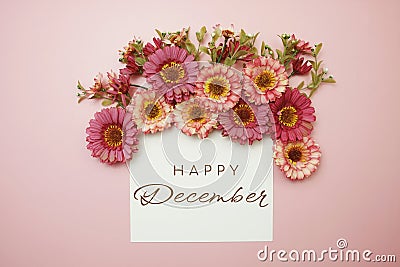 Happy December typography text with flowers on pink background Stock Photo