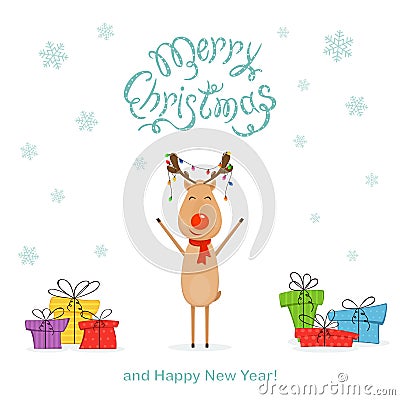 Happy Deer with Christmas Presents Vector Illustration