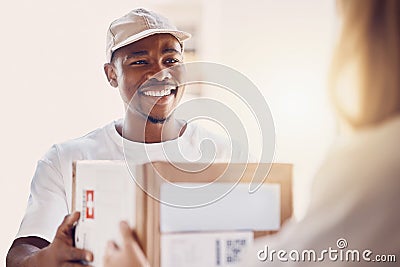 Happy, delivery and box with man courier and customer for ecommerce, order and online shopping package. Smile, guy and Stock Photo