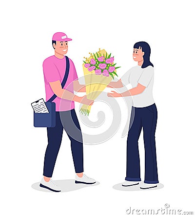 Happy delivery man give woman bouquet flat color vector detailed characters Vector Illustration