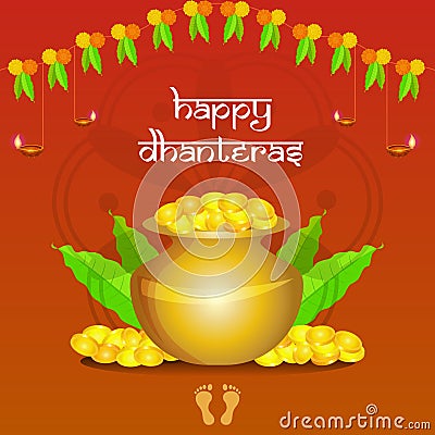 Happy Dhante festival greeting layout with traditional diya lamps and rangoli. Beautiful background with Indian decorative element Vector Illustration