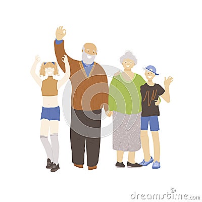 Happy different generation family with older parents, grandmother and grandfather and two teens, boy and girl, holding Vector Illustration