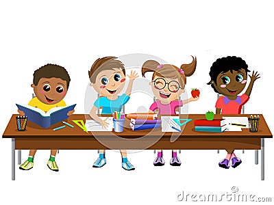 Happy diligent kids children sitting desk school isolated Vector Illustration