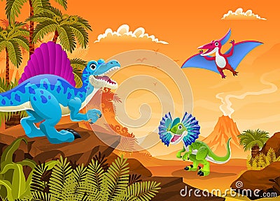 Happy Dinosaurs In Prehistoric Desert Land Scene Illustration, For Children Book Vector Illustration