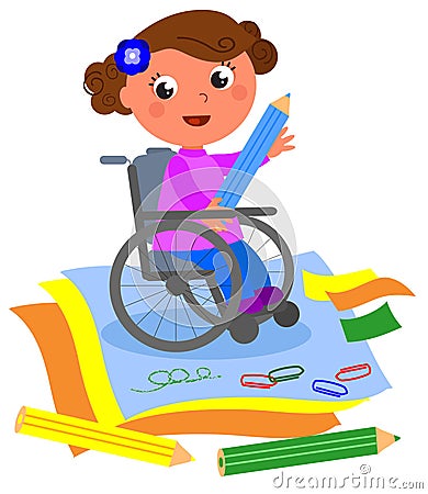 Happy disabled girl drawing with big crayon Vector Illustration