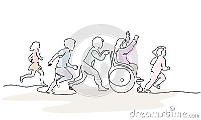 Happy disabled girl and healthy children run together outdoor Vector Illustration