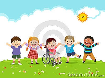 Happy disabled girl in a wheelchair and her friends jumping together Vector Illustration