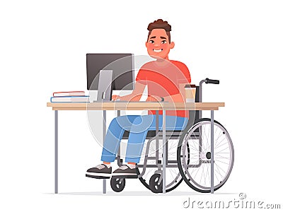 Happy disabled man sitting in a wheelchair at a desk at a computer. Handicapped person at work Cartoon Illustration