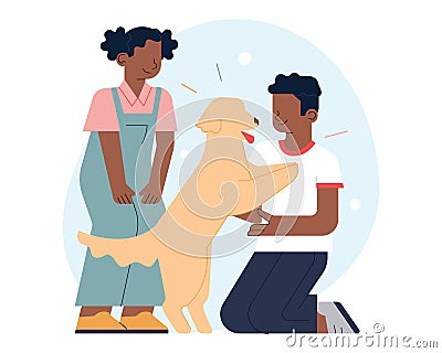 Happy diverse children playing with a dog. Cute child of color Vector Illustration