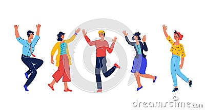 Happy diverse people group jumping for joy, having fun together. Vector Illustration