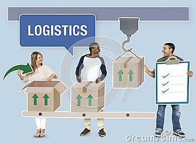 Happy diverse people in a logistics manufacturing process Stock Photo