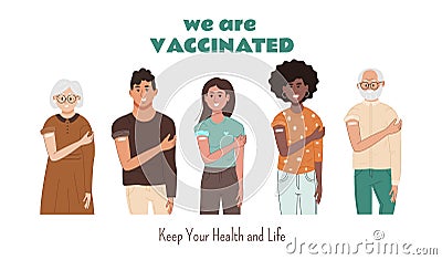 Happy diverse people show shoulder bandage after coronavirus vaccination Vector Illustration