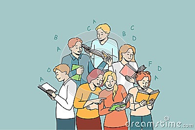 Happy diverse students learning with books together Vector Illustration