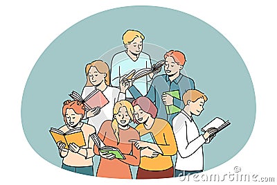 Happy diverse students learning with books together Vector Illustration