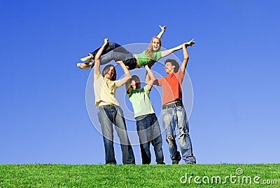 Happy diverse teens, group fun Stock Photo