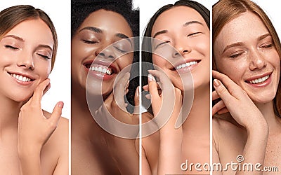 Happy diverse women enjoying skin softness Stock Photo