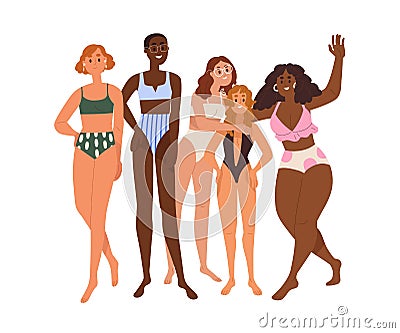 Happy diverse women in swimwear, bikini portrait. Girls group of different race, skin color, height, weight. Diversity Vector Illustration